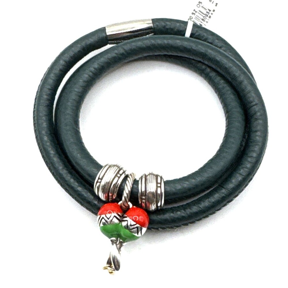 Brighton Woodstock Dark Green Triple Leather Bracelet NWT 22in +Beads/Charm